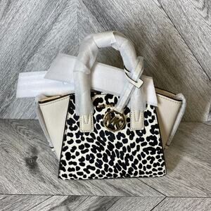 Michael Kors Lt Cream Multi Cheetah Leather Avril Satchel Crossbody Bag Purse XS